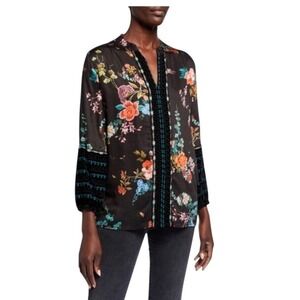 JOHNNY WAS WORKSHOP Floral Bird Velvet Trim V Neck Blouse Top L